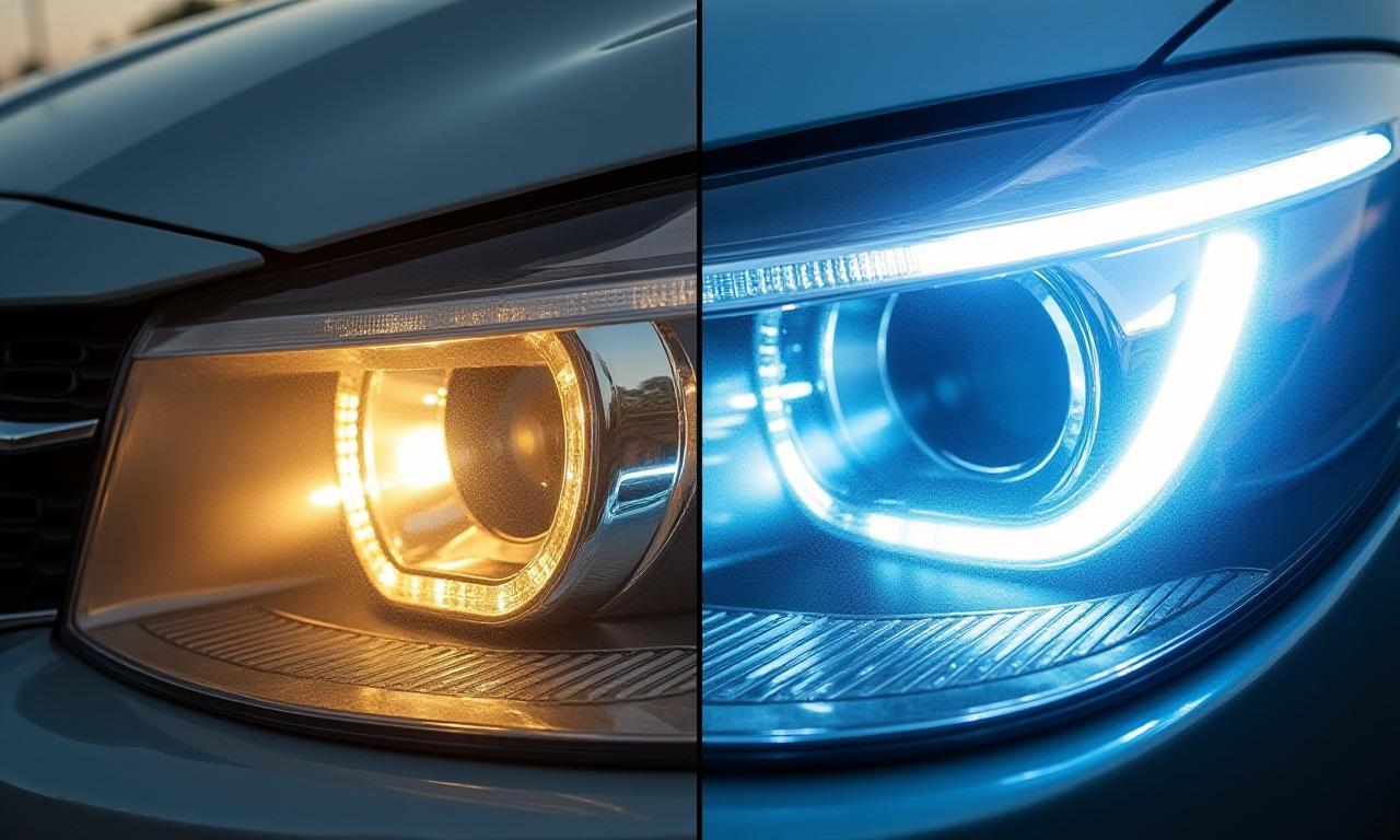 A close-up split image showing a car's headlight, hazy and yellowed on one side and crystal clear on the other after restoration.
