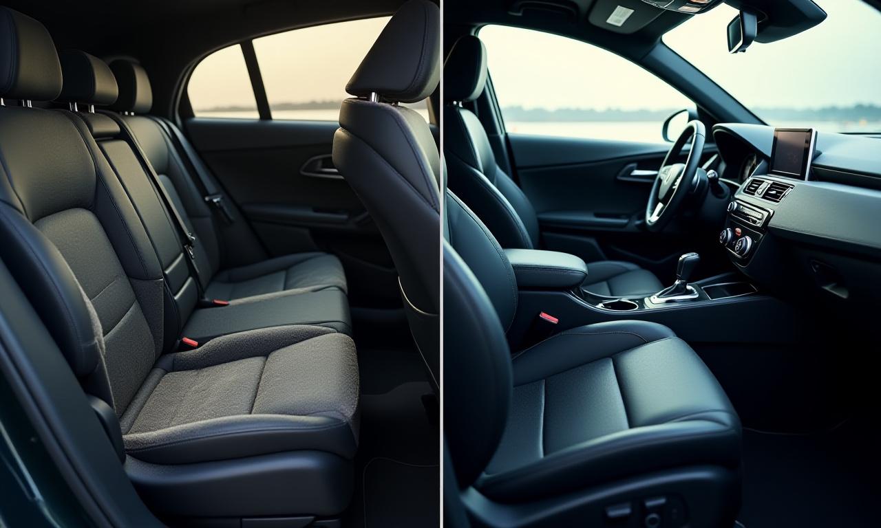 A split image of a car's interior, showing stained seats and dusty surfaces on one side, and a meticulously cleaned and refreshed cabin on the other.